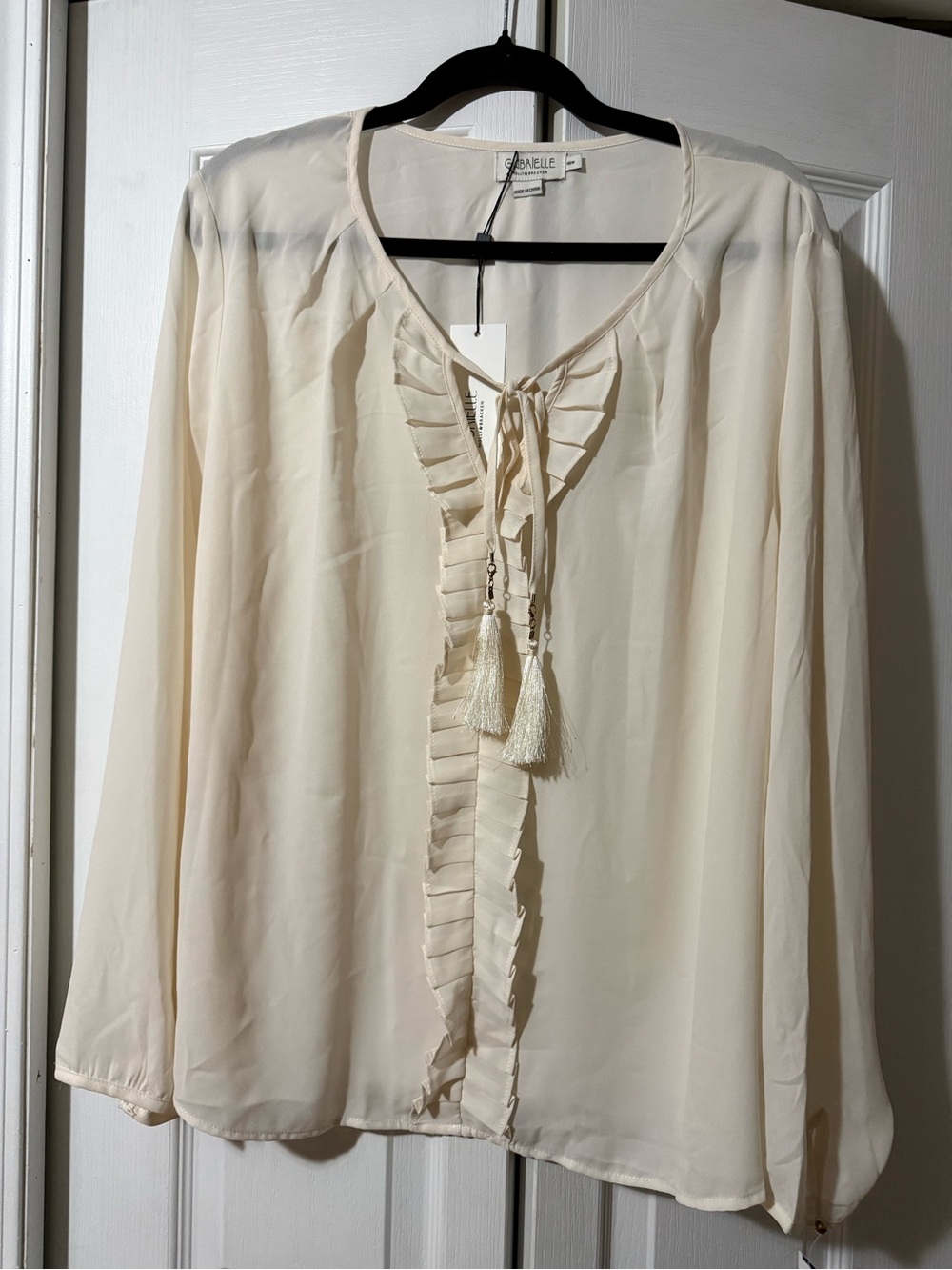 Molly Bracken Gabrielle Cream Ruffle Tassel Tie Blouse with Keyholf Cuffs - 18W